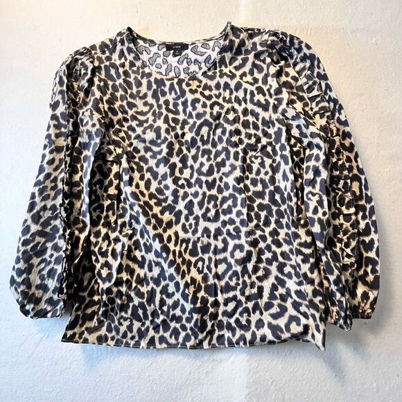 J. Crew Women Leopard Print Puff Ruffle Long Sleeve Top Blouse Sz Med Mob Wife - Picture 1 of 14